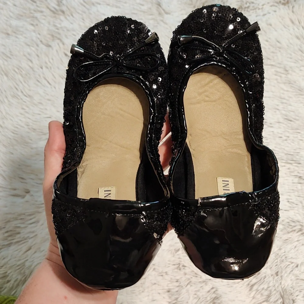 Gianni Bini Sequined Travel Ballet Flats w/ Pouch Black Faux Patent Leather 7.5